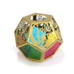 Gold Geometric Ramadan Kareem Metal Lantern with LED Light & Colored Glass - Elegant Festive Decorative