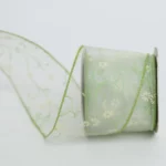 Green Printed Flower Swirl Organza Ribbon