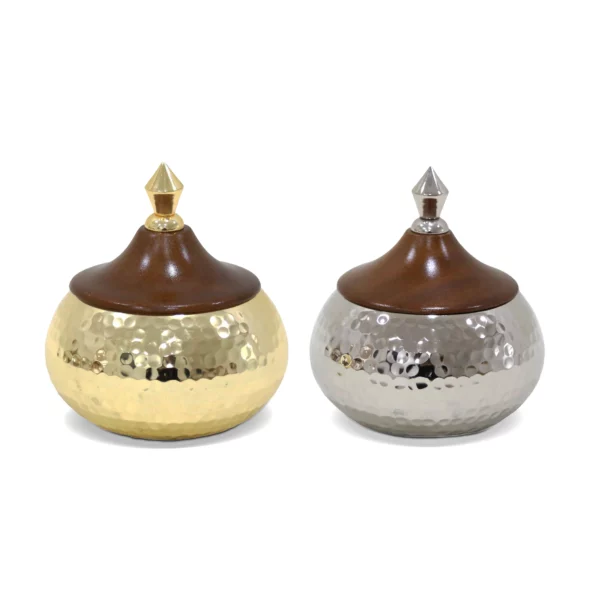 Wood Cover Hammered Round Canister