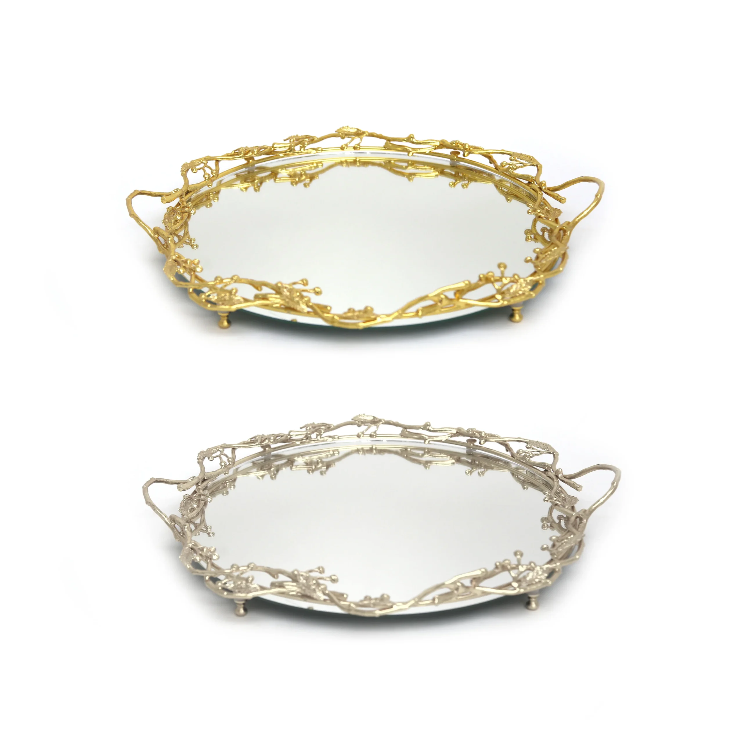 ZCC7Z4184G ZCC7Z4184S Round Mirrored Tray with Bushes Design – Gold or Silver - Image 1