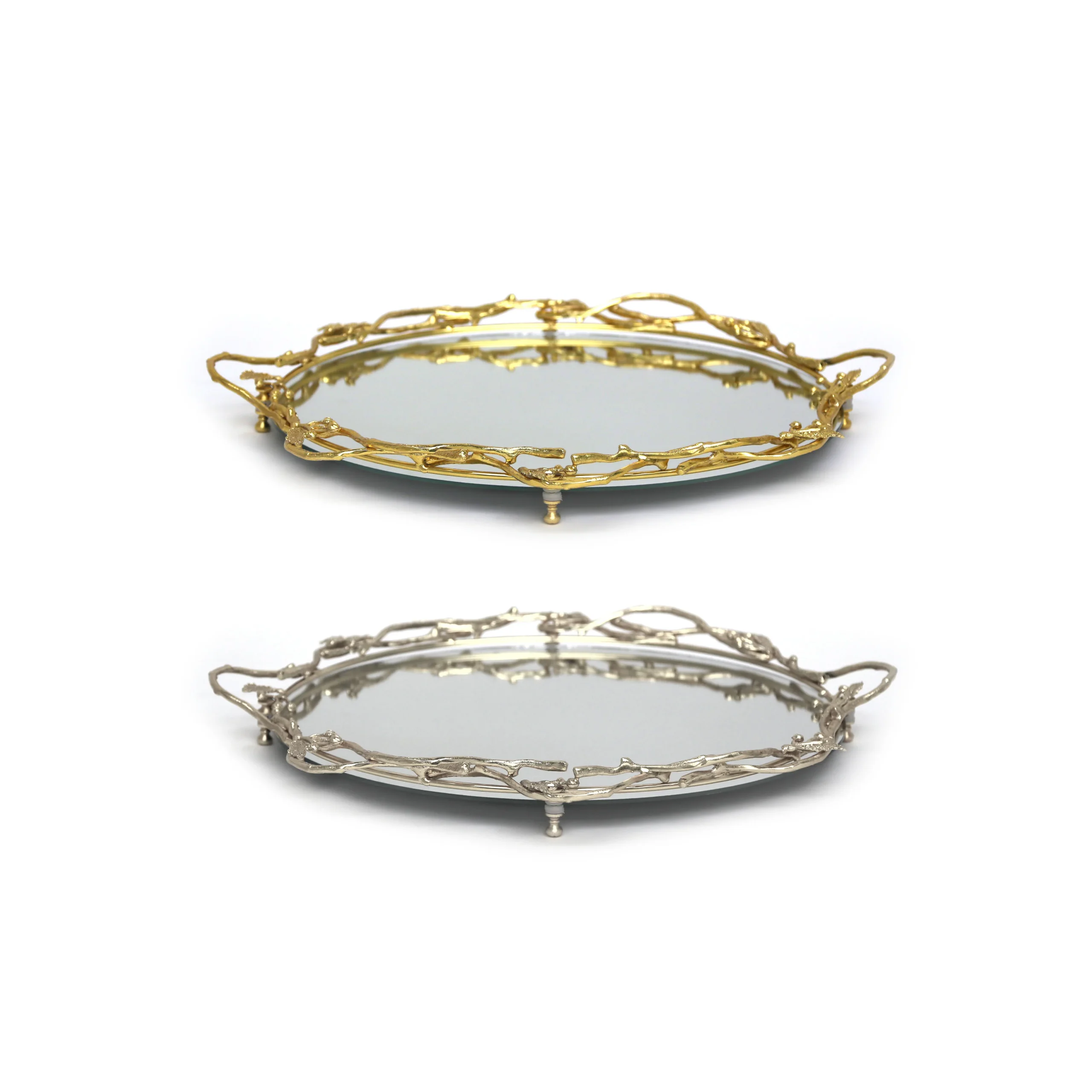 ZCC7Z4185G ZCC7Z4185S Oval Mirrored Tray with Bushes Design (Gold or Silver) - Image 1