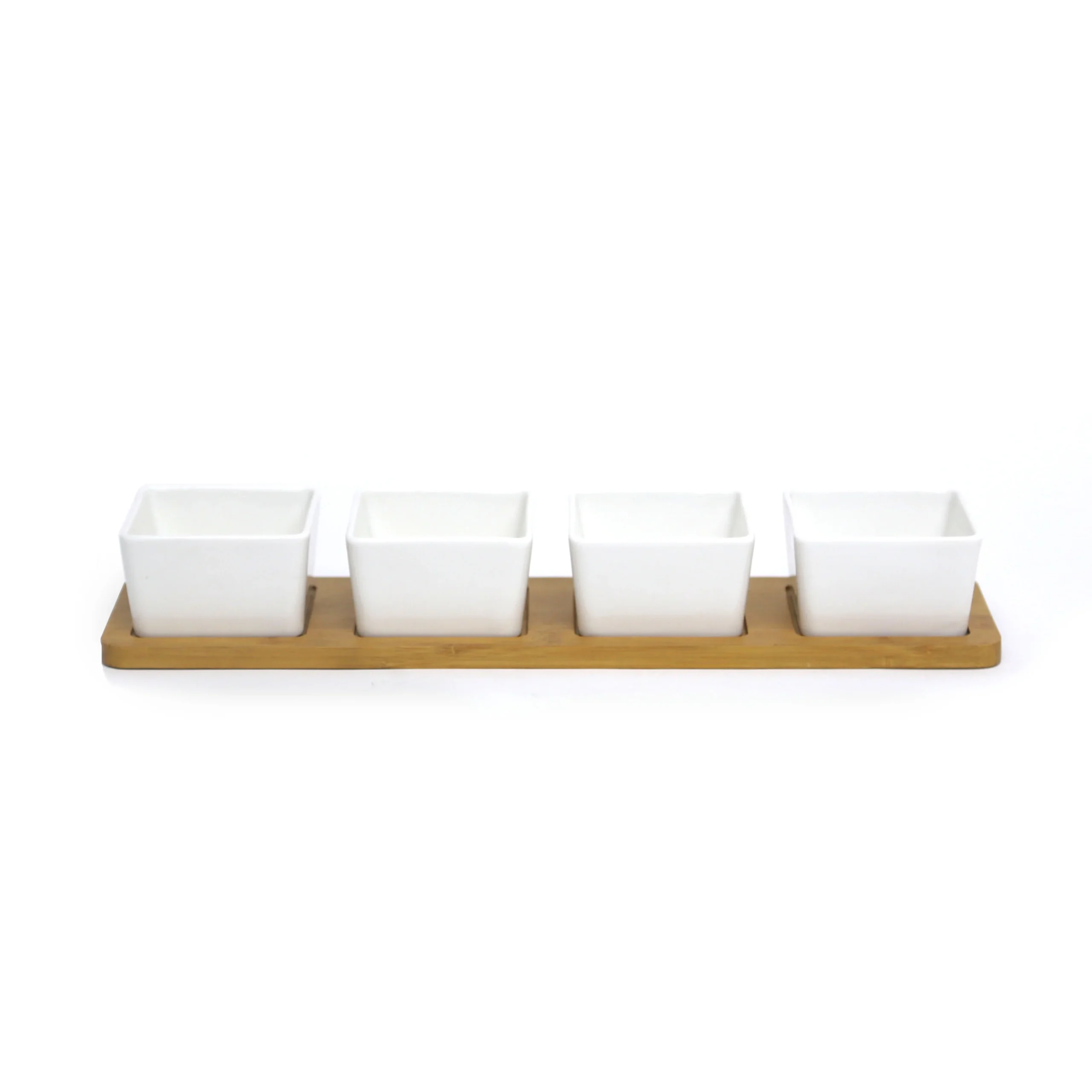 21296-9 Long 4-Sections Wood Plate With 4-Ceramic Mini Dip Bowls - Image 1
