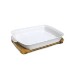 Rectangular Ceramic Serving Bowl With Wooden Holder - Image 2